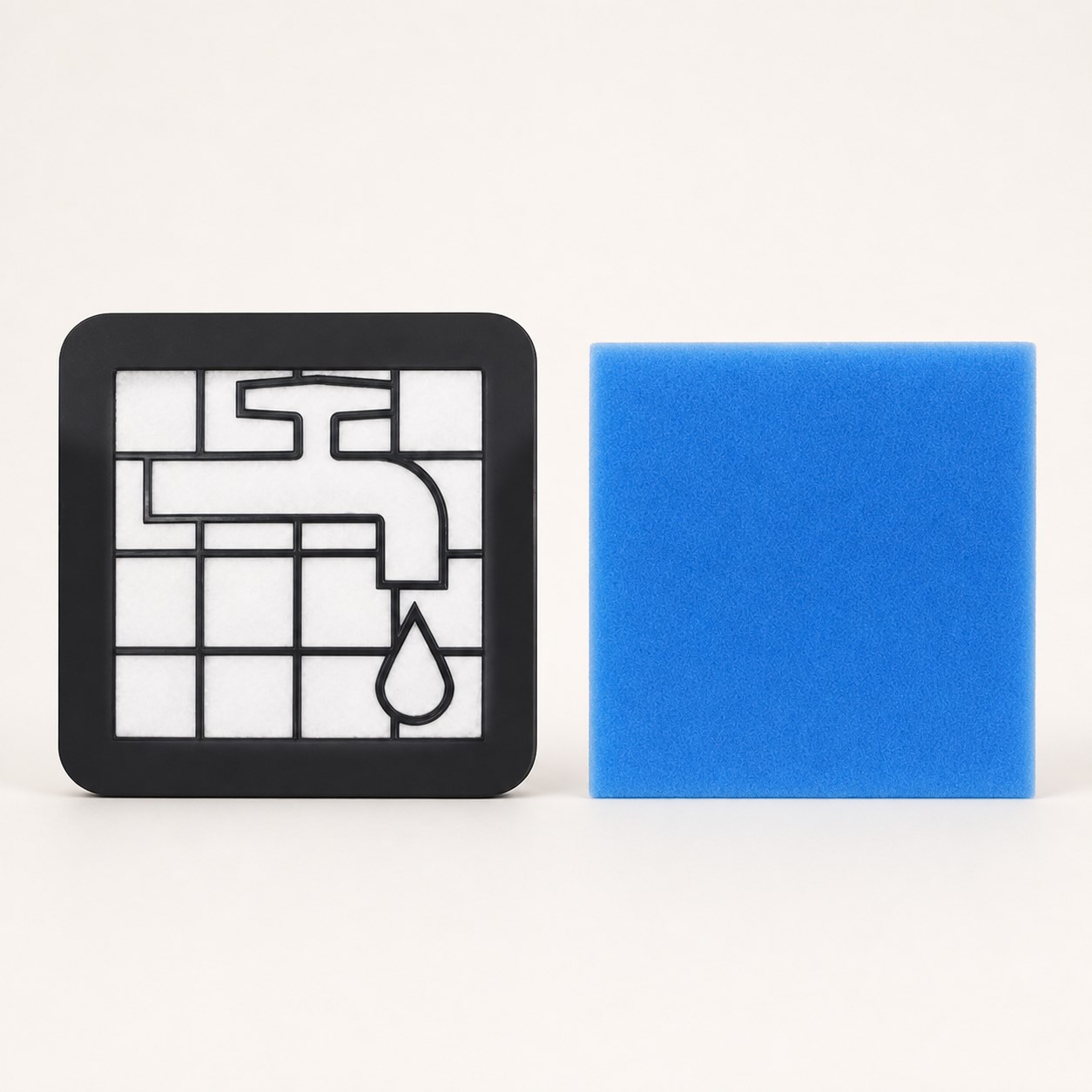 Black framed vacuum filter and blue foam pre-filter on a neutral background