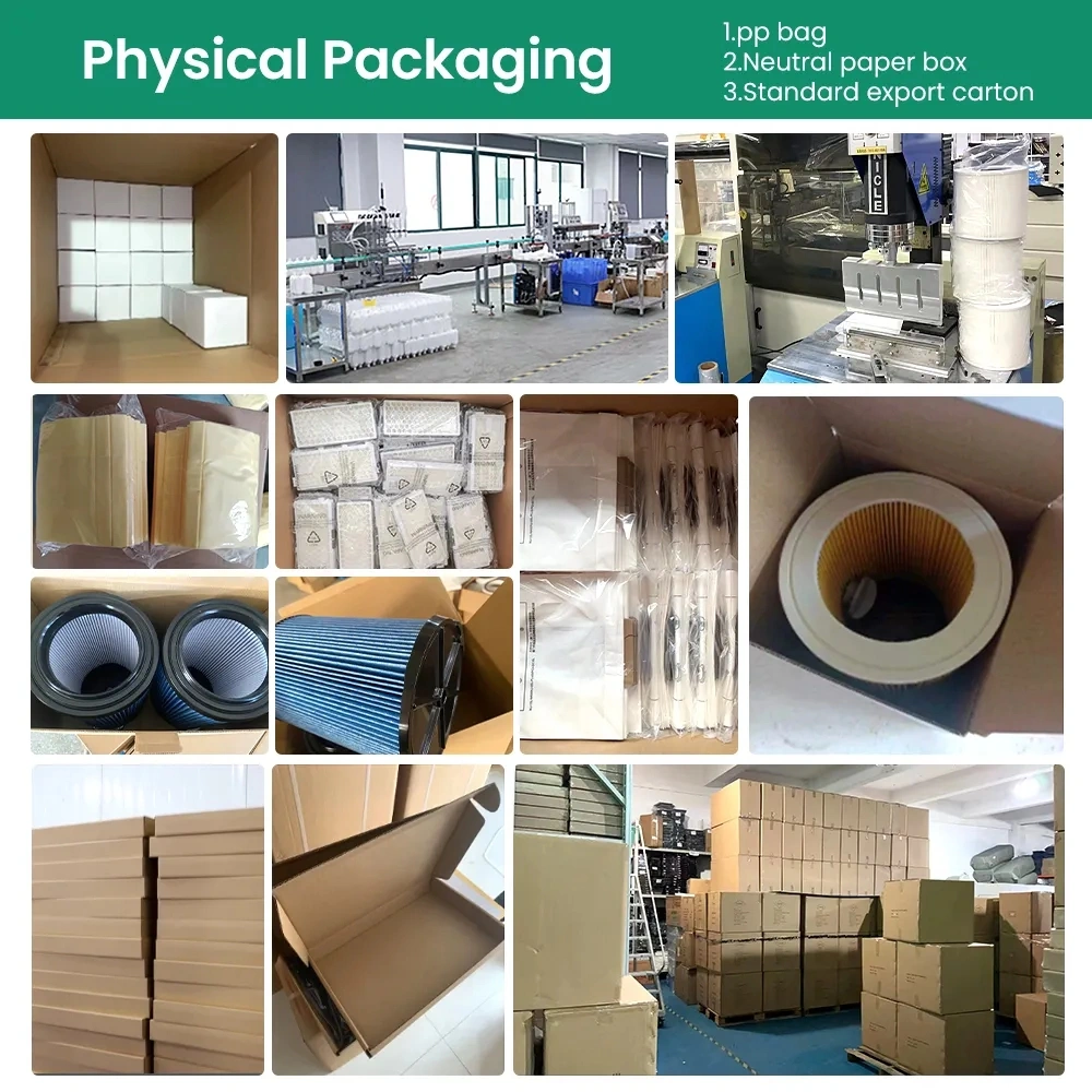 Packaging line, filters, dust bags and export cartons in production