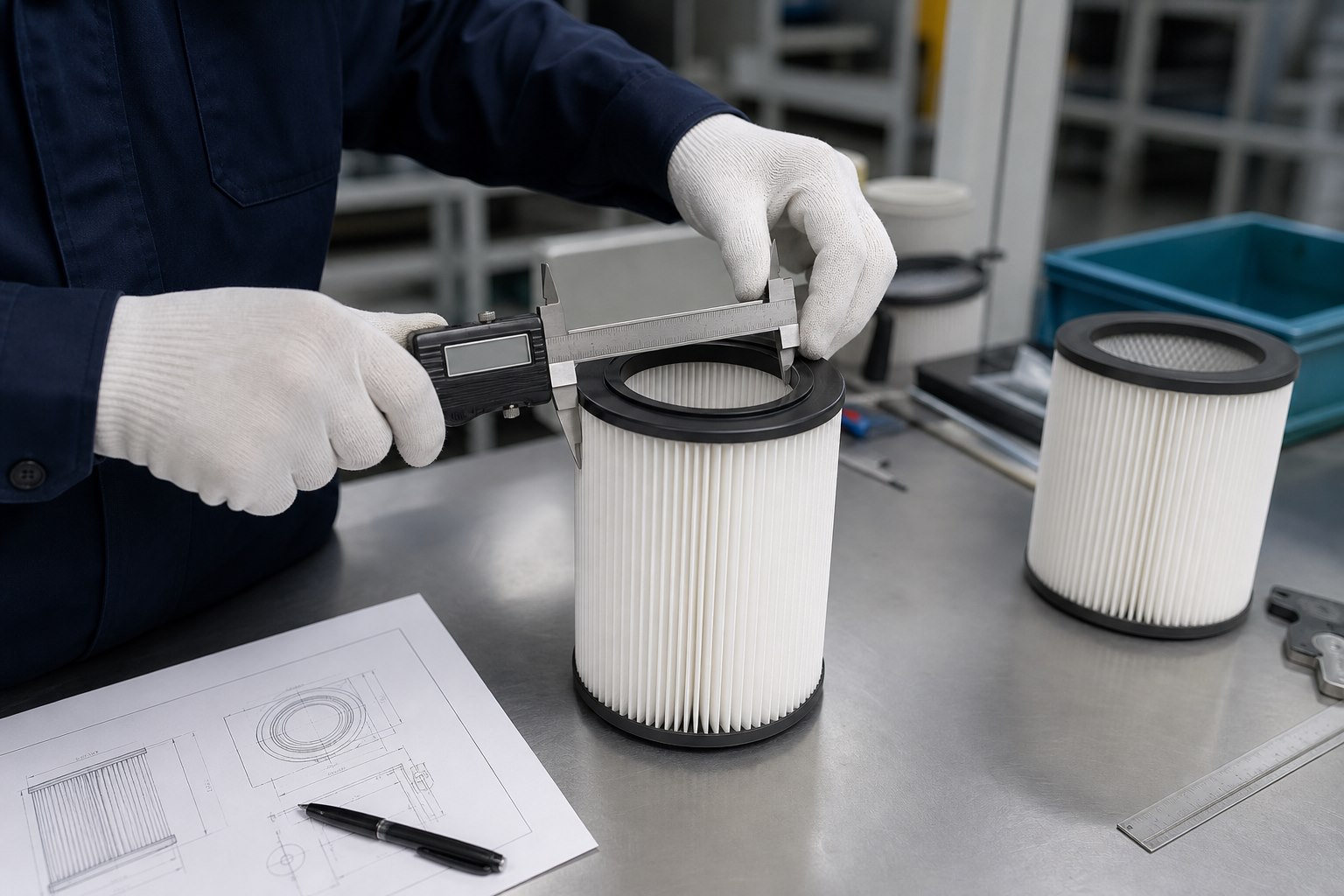 Representative technician measuring a pleated vacuum filter with a caliper